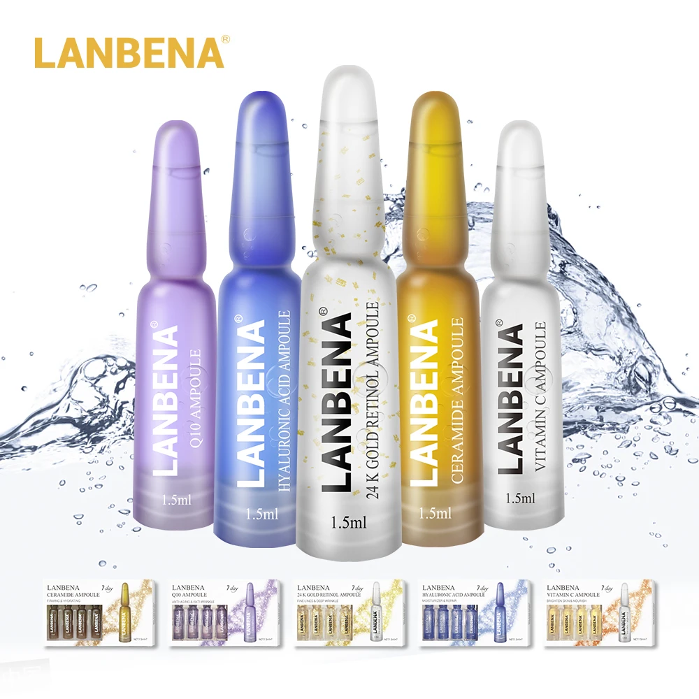 Lanbena ампульная Сыворотка гиалуроновая кислота+ ретинол золота 24 К+ витамин С+ q10+ керамид против старения морщин Увлажняющий Крем Красота на 7 дней