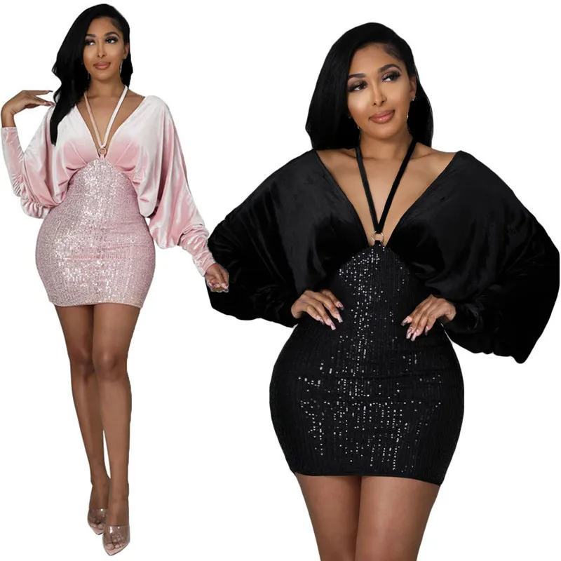 

Женское бархатное мини-платье с рукавом летучая мышь и блестками