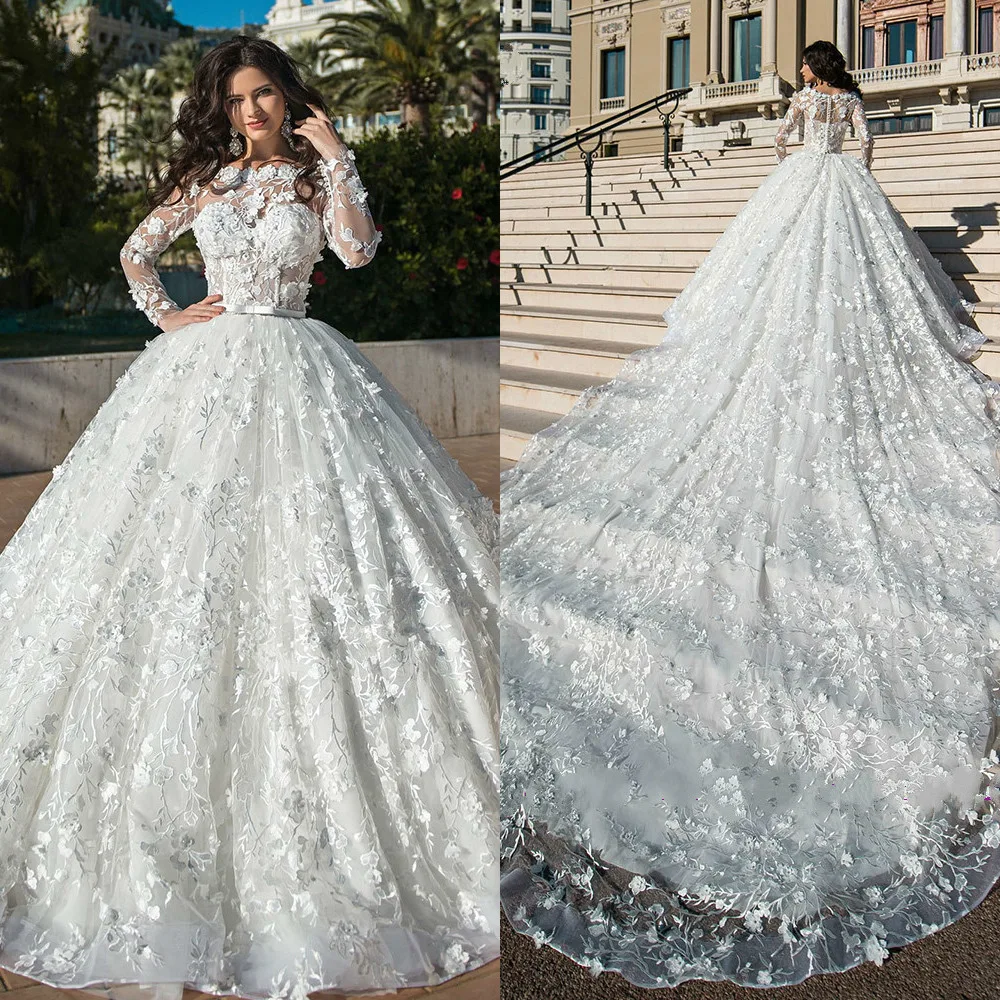 

Шикарное бальное платье, свадебные платья со шлейфом 2020 м, платье принцессы с жемчужинами, кружевными цветами и длинным рукавом, 2,5