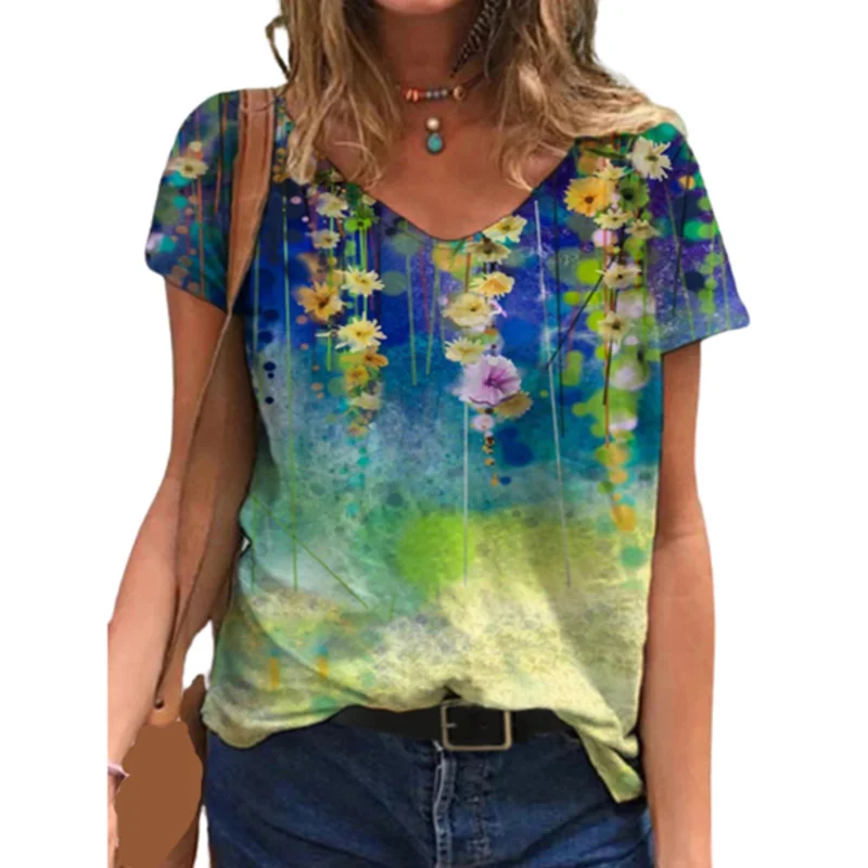

Women's Clothing Oversized Ladies New Fashion V-neck Flower Print Short Sleeve Casual Loose Tee Top Summer New Streetwear