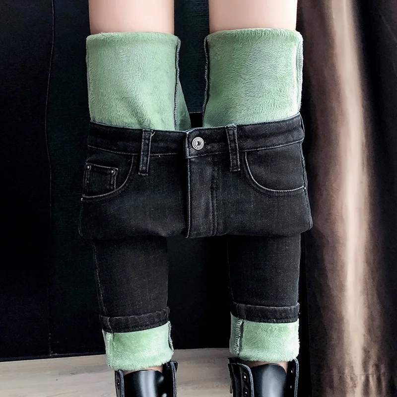 

Winter Thin Leggings Women Plush Straight Jeans Female Streetwear Fleece Warm Skinny Denim Trousers Lady Pencil Length Pants