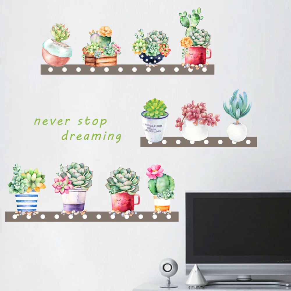 

Succulent Plants Flowerpot Wall Sticker Vinyl Removable Art Wall Decals for Living Room TV Sofa Background Decoration