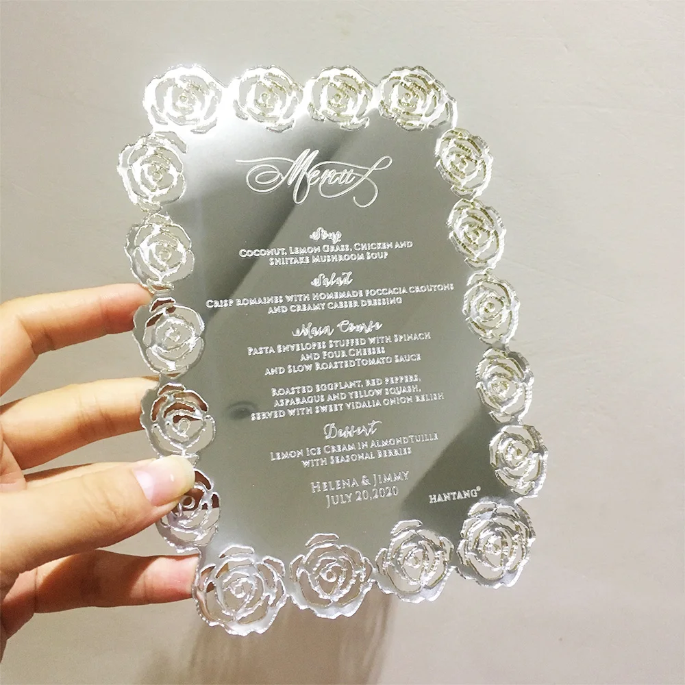 

100pieces Per Lot 5x7inch Hollow Rose Flower Golden Mirror/Silver Mirror Acrylic Wedding Menu Cards with Engraved Letters