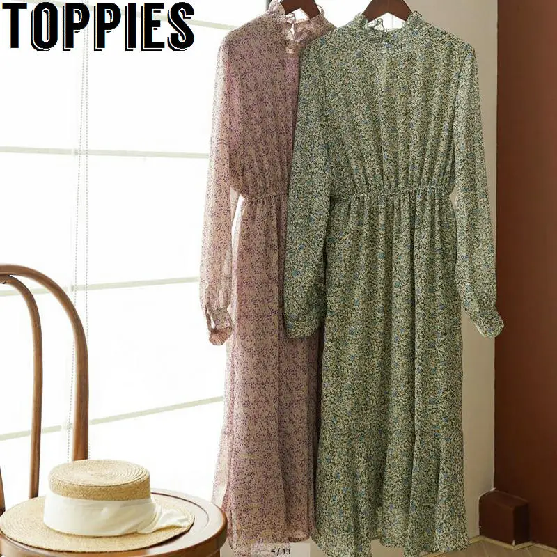 Платье миди женское с цветочным принтом милое корейское платье длинным рукавом и