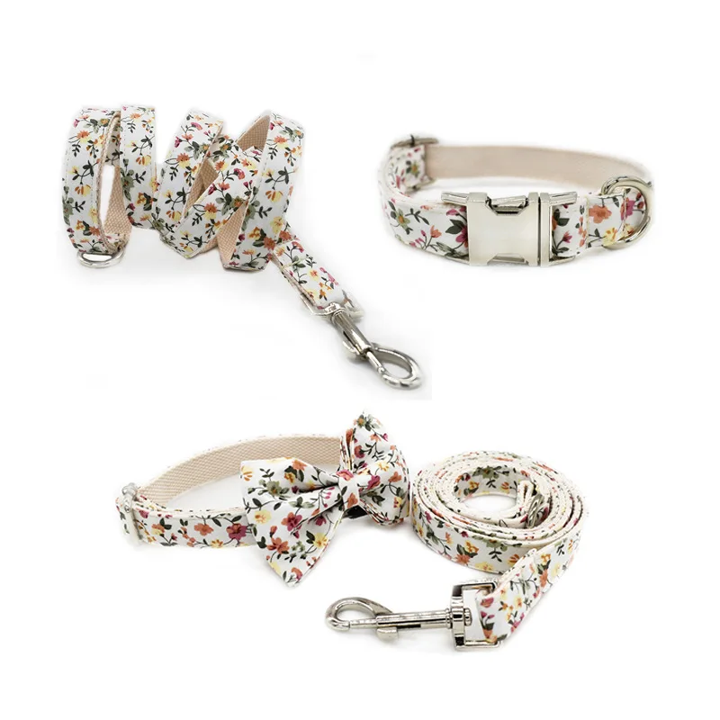 

White floret pet collar lead rope metal buckle can be engraved dog collar cat collar hair