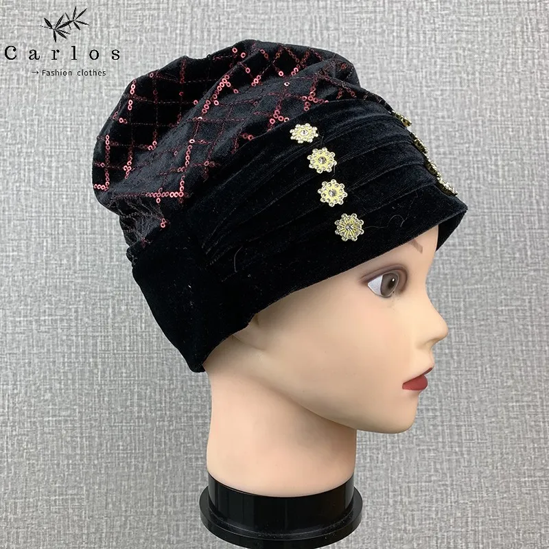 

12Pcs Main Stream New Fashion Velvet Women Muslim Turban Color Cotton Bandanas Beaded Braid Headwraps Women Hair Accessories