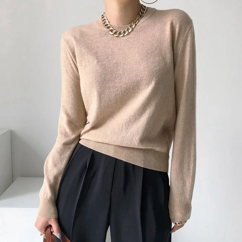 

Slim Casual O-Neck Knitted Women Sweater Lady Winter Fashion Korean Japan Long Sleeves Elastic Solid Sweater Warm Pullover Tops