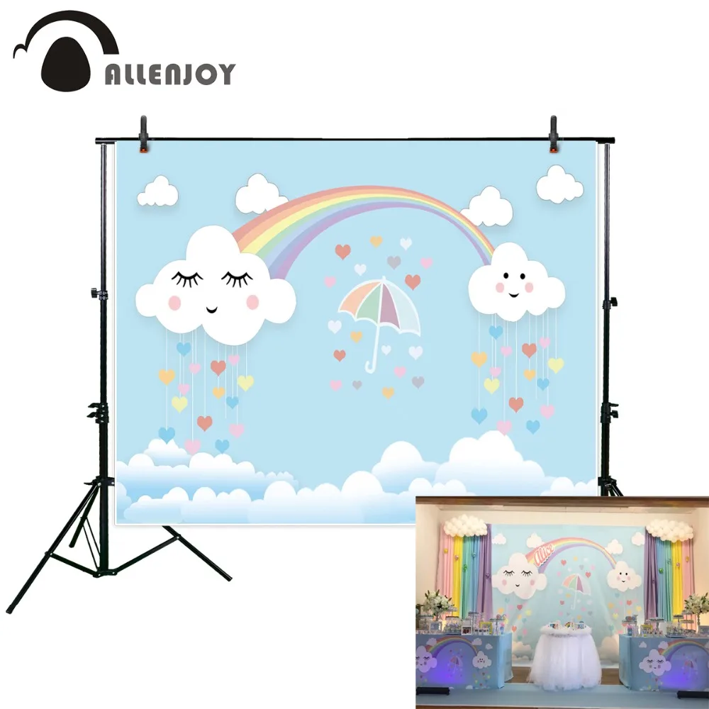 

Allenjoy Rainbow Birthday Background Clouds Umbrella Colorful Hearts Blue Sky Baby Shower Backdrop Summer Party Photocall Banner