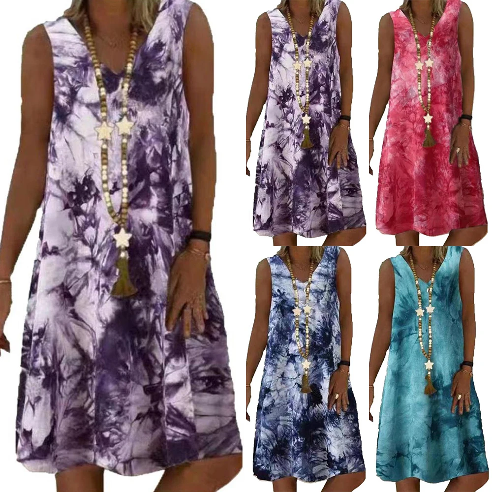 

Summer Dresses Women A-Line Knee-Length Tank Dress Beach Loose V Neck Dresses Women Clothing Sleeveless Vestidos