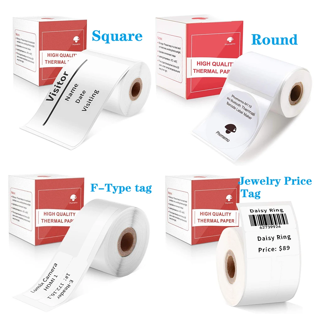 

Thermal Sticker Paper for Phomemo M110 Printer Clothes Tags Adhesive Round Square F-shape Jewelry Price Tag Ticket Barcode Print