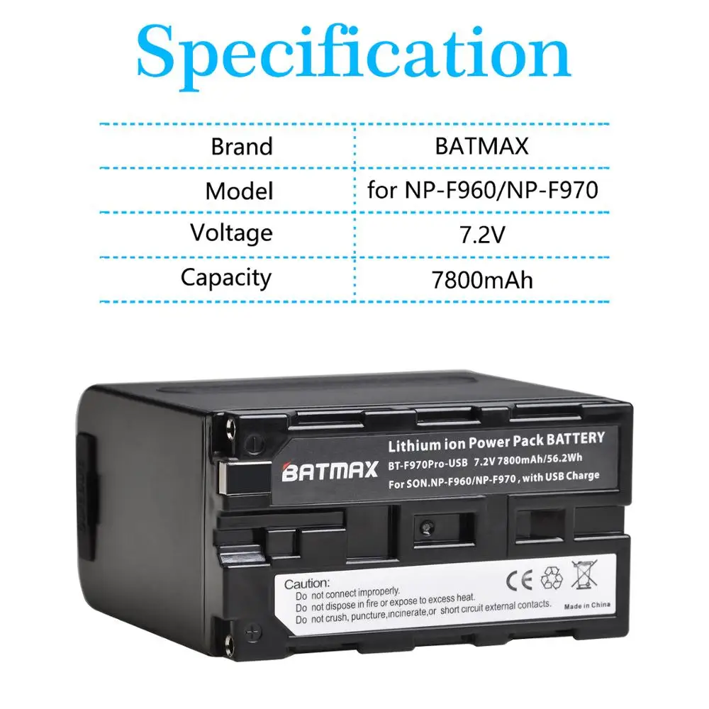 Батарея Batmax NP-F970 NP-F960 7800 мАч с USB-портом для зарядки + светодиодсветильник питания