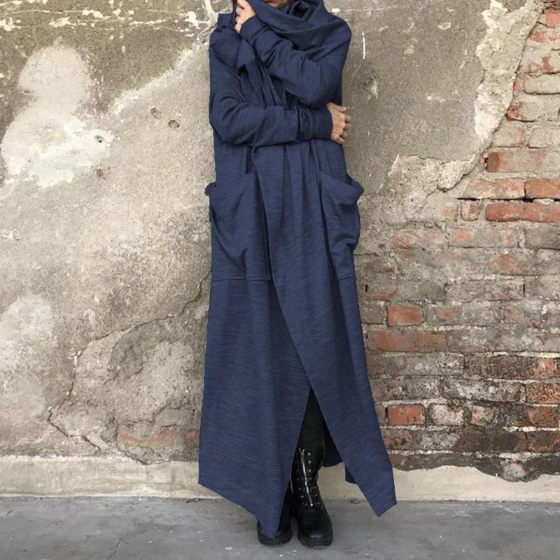 Тёмно-синий ZANZEA/модные женские длинные куртки с воротником-хомутом и длинными рукавами, Осенний однотонный кардиган, винтажные Свободные пиджаки Femininas, открытые рубашки спереди - Цвет: Тёмно-синий