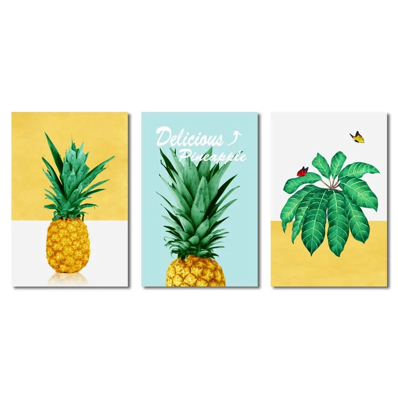 

Posters Pineapple Green Leaf Yellow White Butterfly Canvas Painting Posters and Prints Wall Art Pictures for Living Room 3Pcs