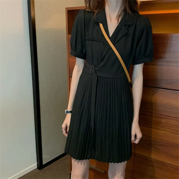 

BacklakeGirls Women Khaki Pleated Suit Dress New Lapel Short Sleeve Loose Fit Fashion Tide Summer Spring Autumn Suit Coat Blouse