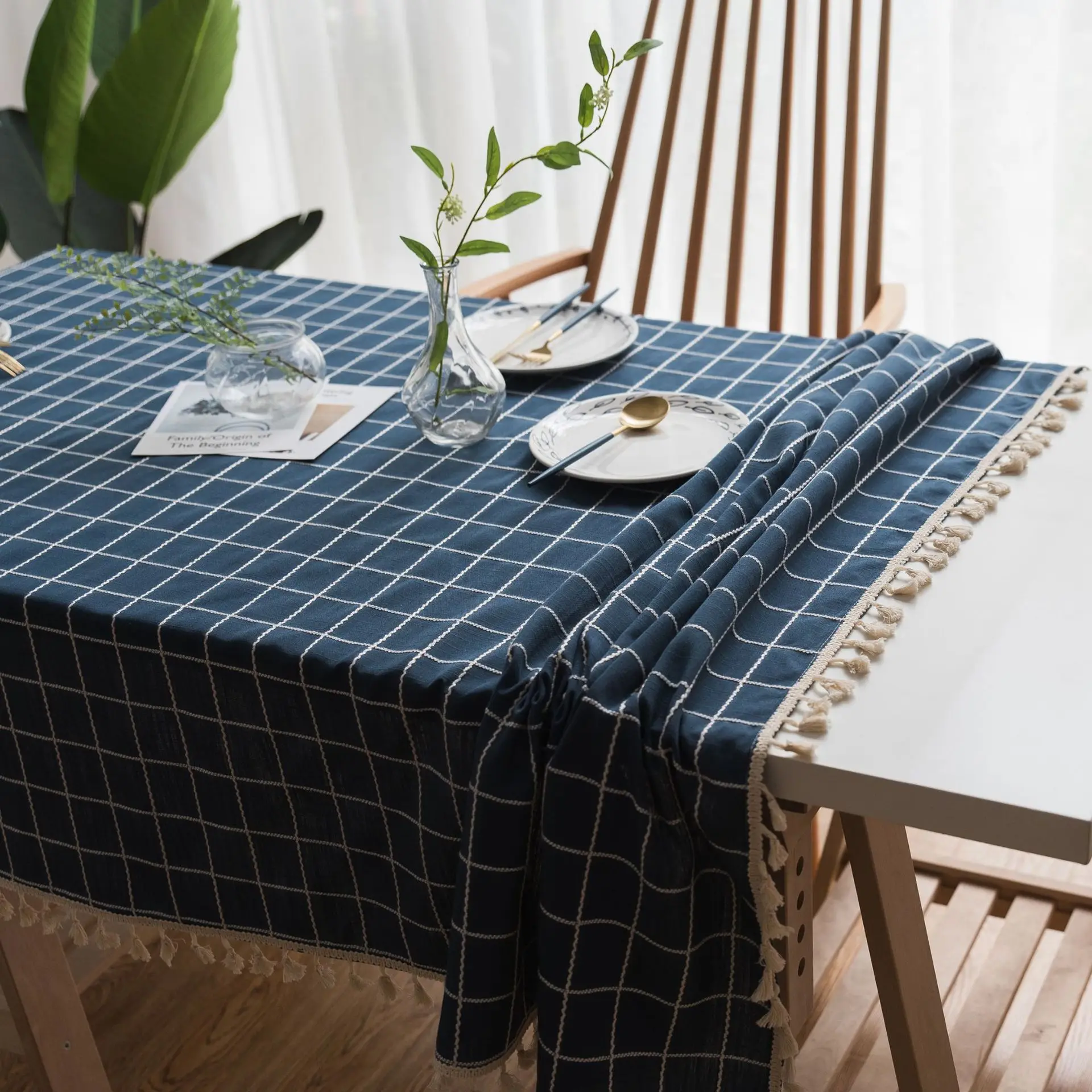 

Cotton Linen Dark Blue Plaid Tablecloth Rectangular Tassel Table Cover Cloth Table Decoration Dining Room for Home and Kitchen