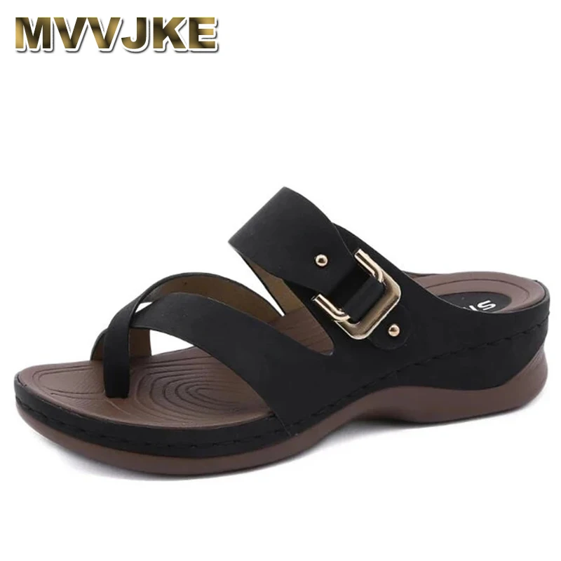 

MVVJKE 2021 Women's Slippers Summer New Fashion Metal Slides Shoes Wedge Beach Sandals Women Outside Platform Leisure Flip Flops