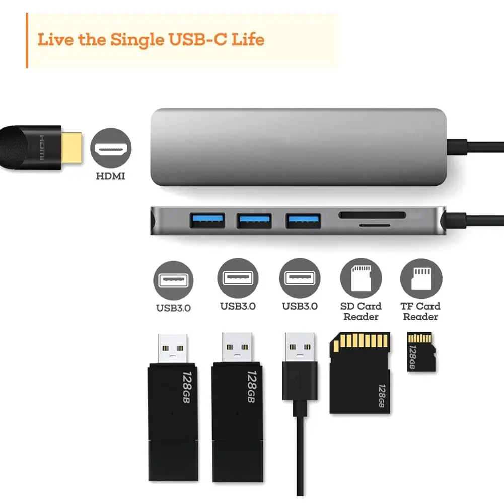 6 In1 Тип C на HDMI 4K 3 Порты USB адаптер объектива для камер Micro SD слот карт памяти