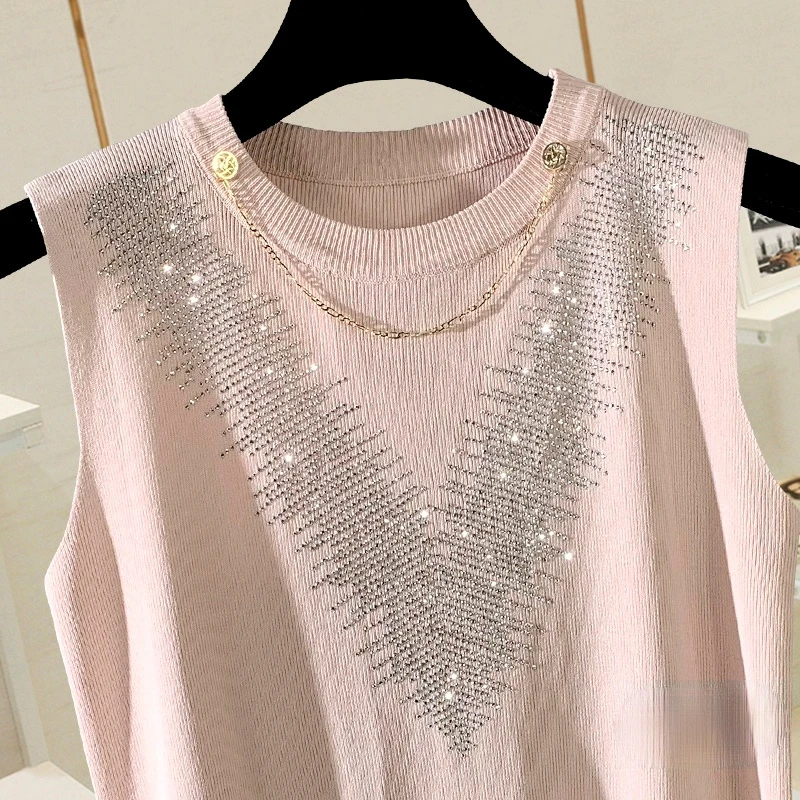 

Korean Style Diamond-Embedded Knitted All-Matching Pullover Summer New Sleeveless Vest Women's Top Slim Stretch Tanks