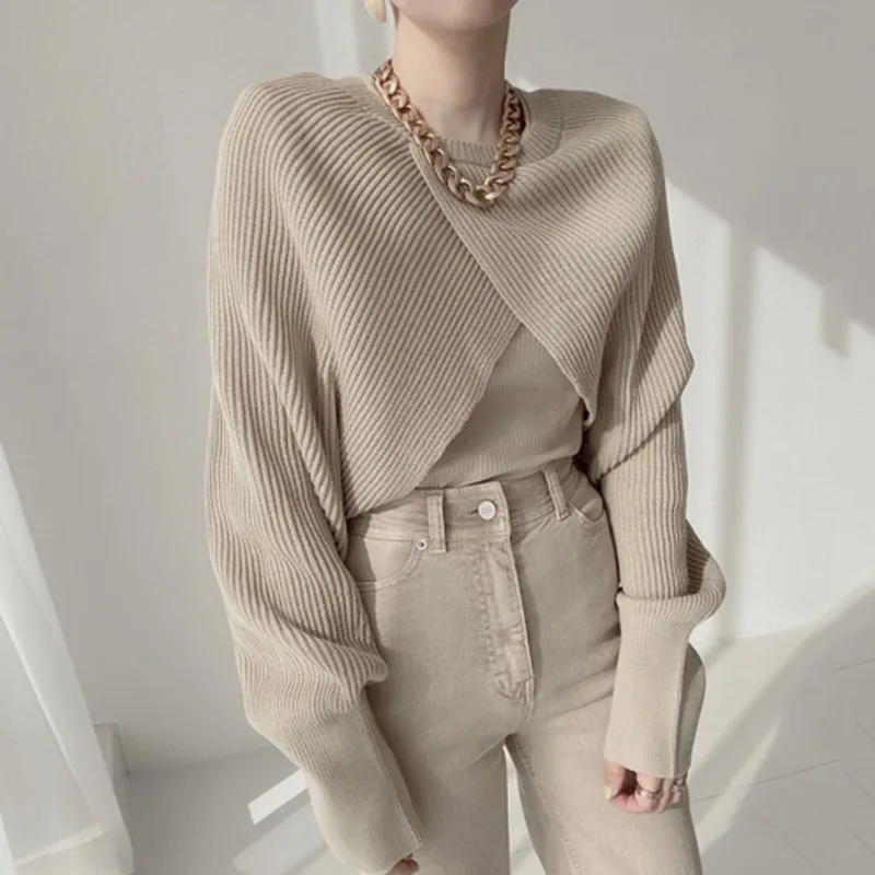 

Женский укороченный свитер в Корейском стиле, универсальный пуловер с большим отложным воротником, Модный трикотажный свитер с асимметрич...