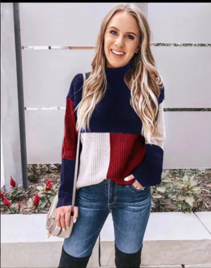 Женский свитер Luzuzi теплый с длинным рукавом и цветным блоком-стойкой