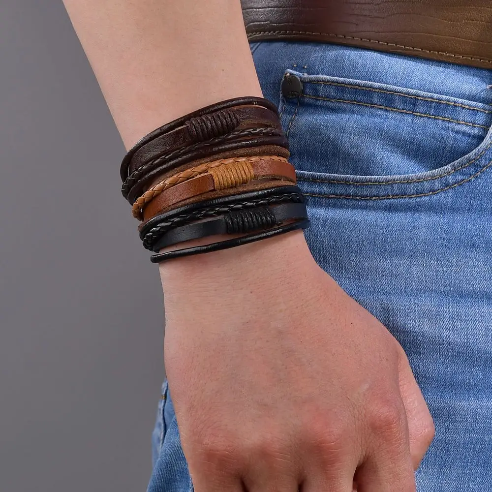 Мужской браслет в стиле бохо винтажный регулируемый кожаный Женская веревочная