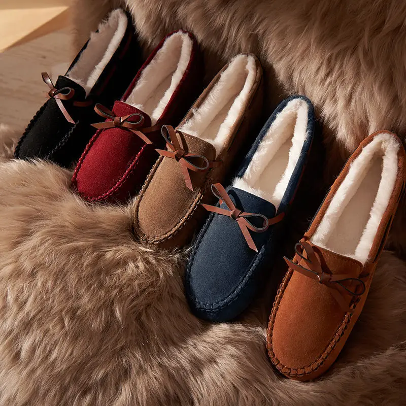

2020 Shoes Women Winter Warm Leather Flat Shoes Casual Loafers Slip on Women's Flats Plush Shoes Moccasins Lady