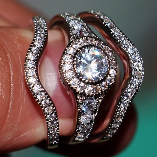 KNOCK 3pcs/Set Luxury Female White Round AAA Zircon Ring Set Fashion Silver Promise Engagement Rings For Women Jewelry