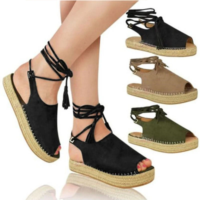

Women's Fashion Sandals THick Bottom Lace Up Fish Mouth Ladies Casual Comfortable Shoes Straw Bottom Bandage Female Footwear