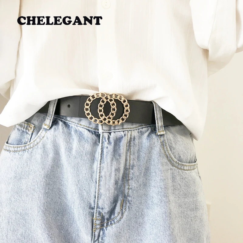 

CHELEGANT New Hot Sale Double Round Buckle Genuine Leather Women Belt Fashion Personality Belt For Women Wild Jeans Decoration
