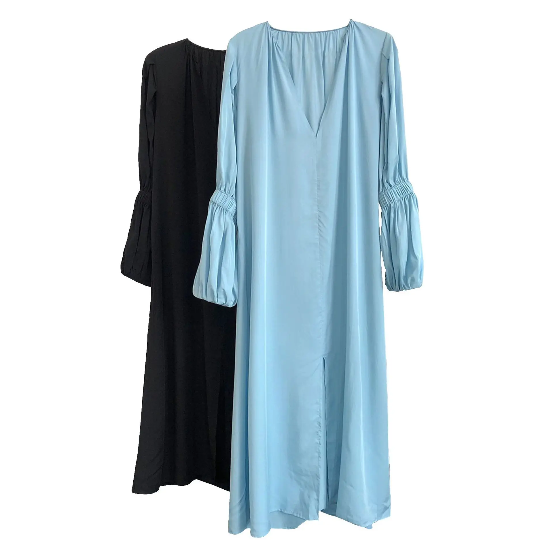 

SuperAen 2021 New Korean Style Spring Fashion V-neck Long Dress Puff Sleeves Split Maxi Dress Summer