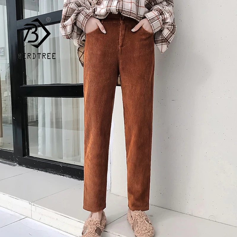 

Plus Size 2021 Spring Women's High Waist Solid Corduroy Long Trouser Pockets Fake Zippers Button Corduroy Casual Pants B18532X