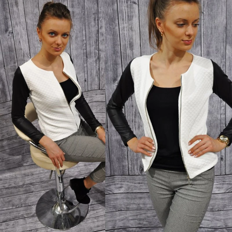 

Autumn Winter Black Color Block Houndstooth Coat Women Full Sleeve Zipper Elegant Outwear Casual Slim Female Jacket Coats