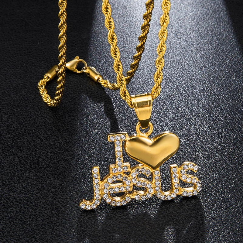 &quotI Love Jesus&quot ожерелье CZ Jesus сердце кулон и цепь подарок для женщин/мужчин золото