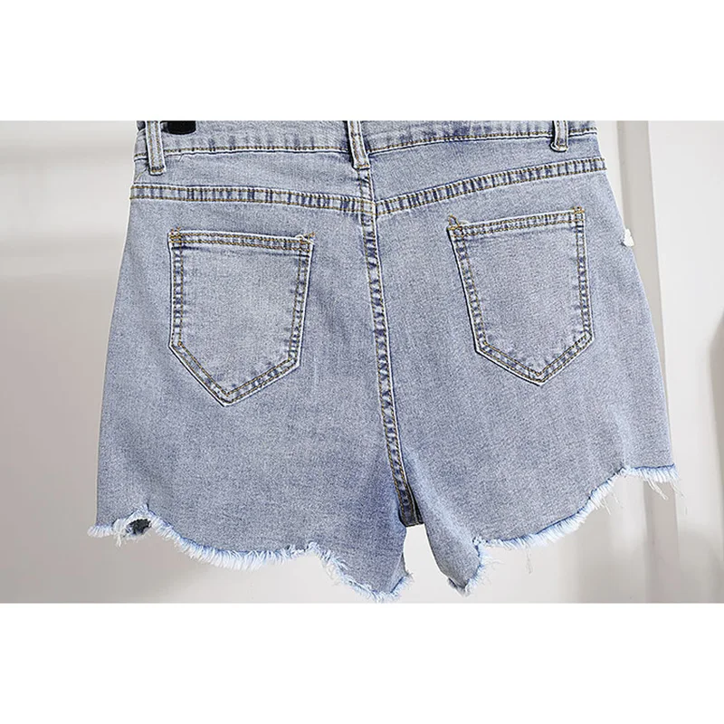 

Summer New Beading Embroidery Flower T-shirt Tops Denim Short Pants Set Women Loose White Tee Jeans Shorts 2pc Female Streetwear
