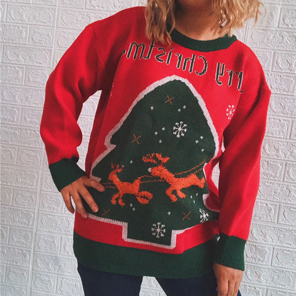 

Women's Sweater Autumn Winter New Fashion Casual Loose Round Neck And Long Sleeves Christmas Tree And New Year Themed Tops