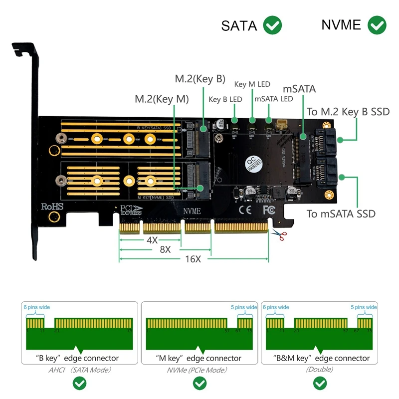 3 в 1 PCI-E 4X на SATA SSD M.2 NGFF NVME и SATA3 адаптер конвертер карта с радиатором |