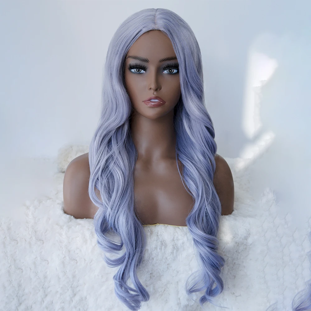 

UFANCA Long Ombre Blue Wigs Natural Synthetic Cosplay Wavy Wigs For Black Women Middle Part High Temperature Fiber
