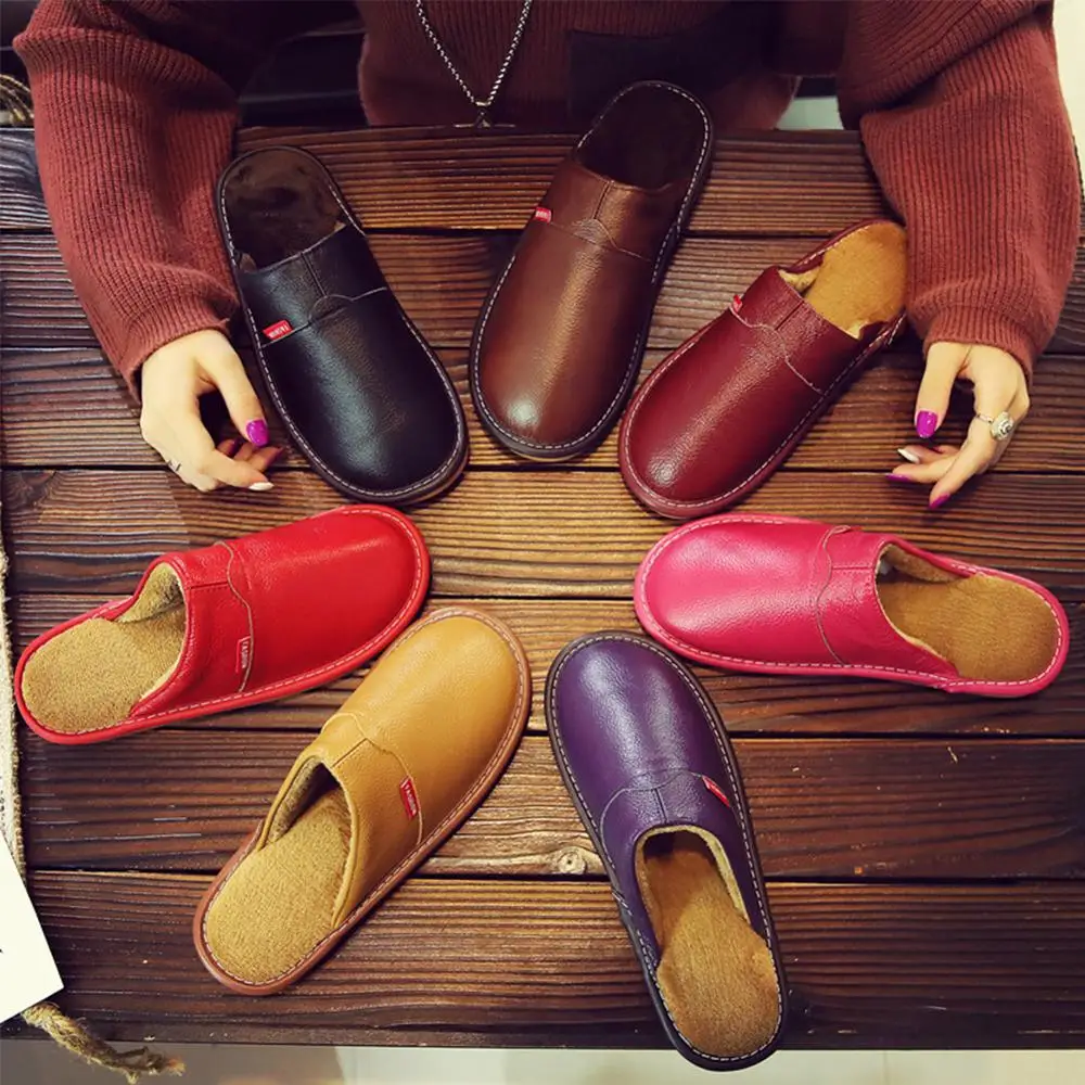 

Leather Home Slippers for Men Winter Warm Plush Slippers Bedroom Genuine Leather Unisex Men/women House Indoor Shoes
