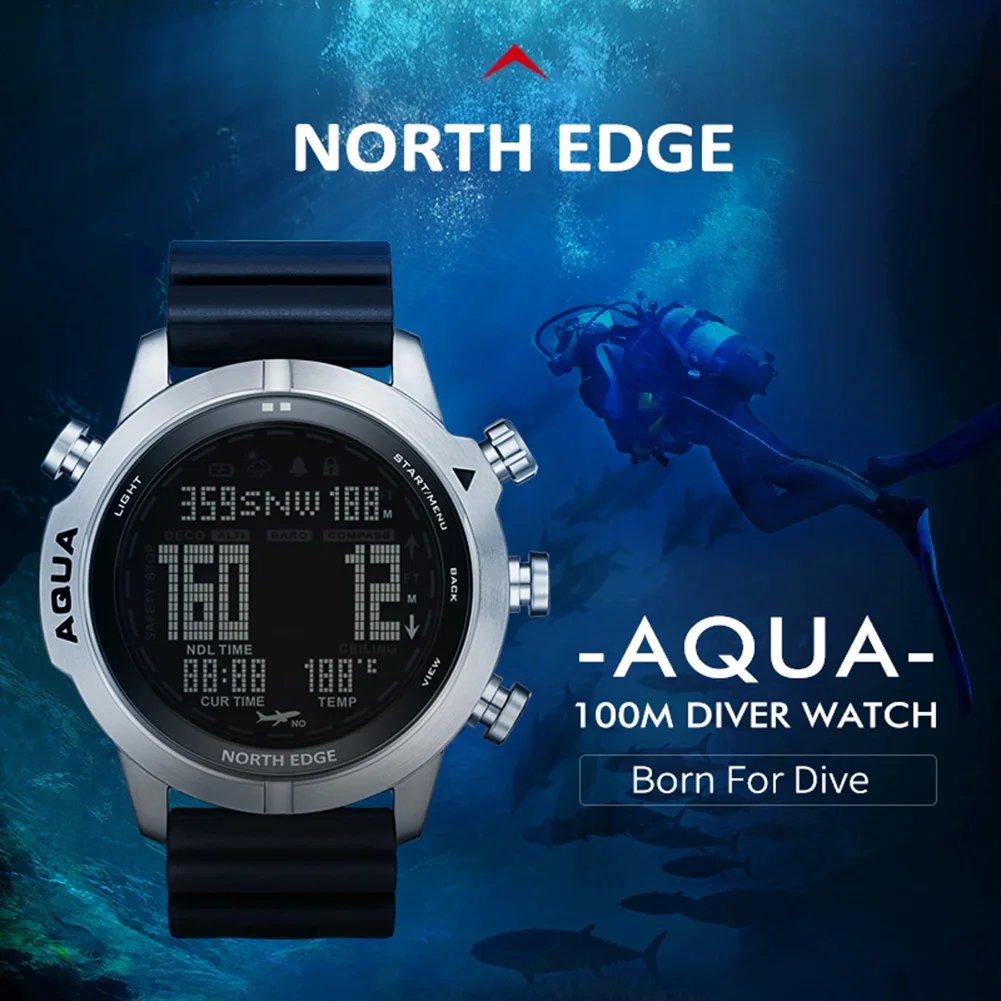 

NORTH EDGE Men Sports Watch wristband Waterproof Diving Watch with Compass Stopwatch Countdown Format Watch for Outdoors Diving