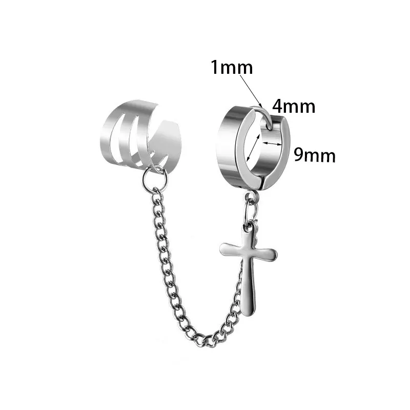 1Pcs Stainless Steel Ear Clip Earrings for Men Women Punk Cross Star Skull Non Piercing Fake Earrings Chain Pendant Hoop Earring images - 6