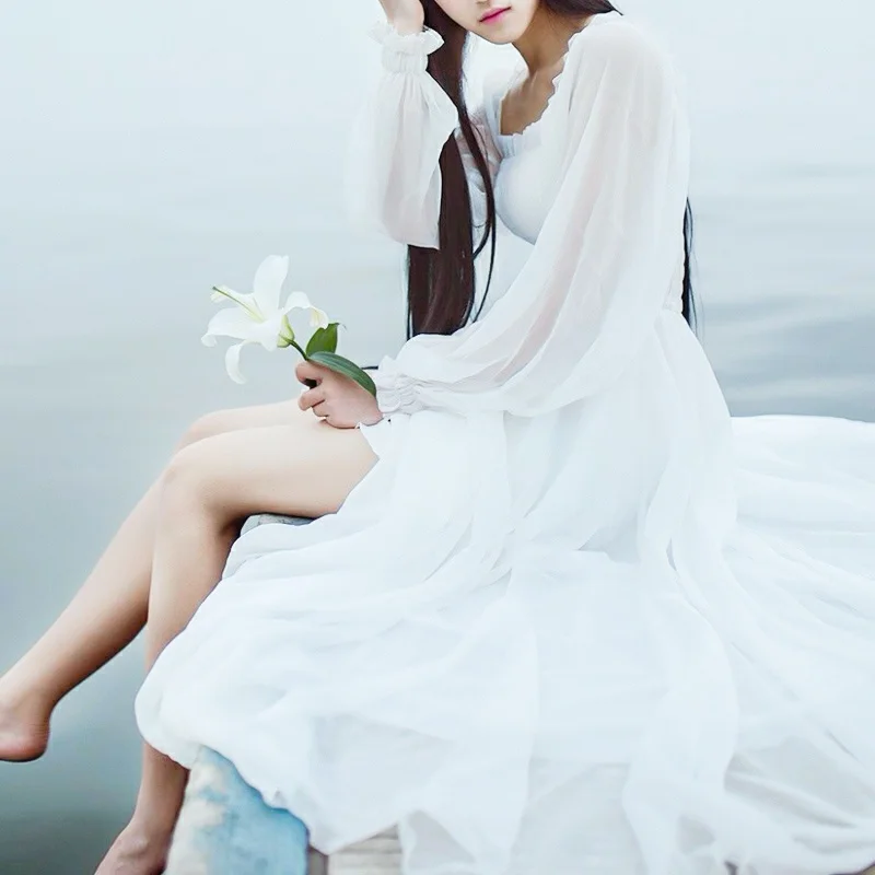 Элегантное Белое сказочное шифоновое платье летнее пикантное Макси-платье с