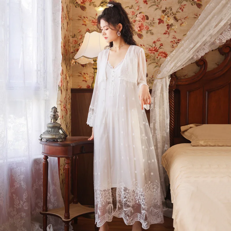 

Roseheart New White Mesh Women Sleepwear Nightwear Lace Long Sexy Robes Gown Cotton Woven Female Pajama Sets Homewear 2 Pcs