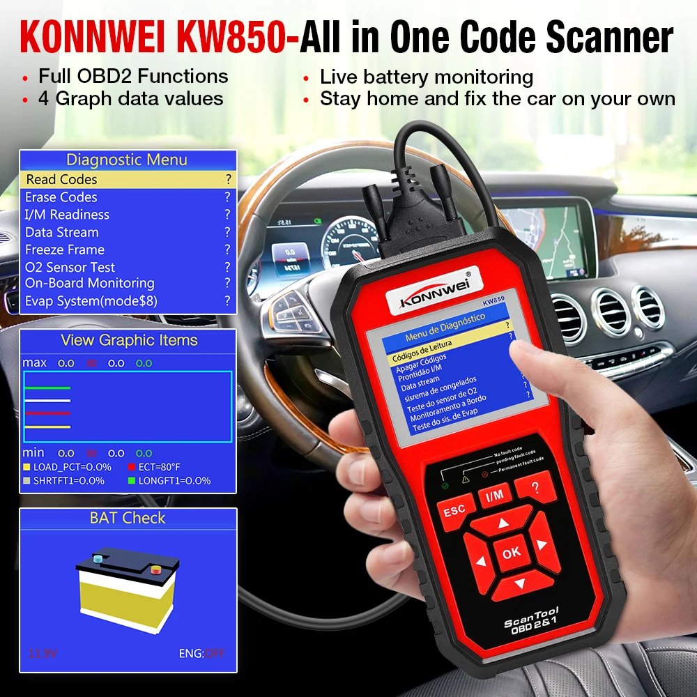 

KONNWEI KW850 obd2 сканер Многоязычный Полный OBD 2 функция автоматический диагностический инструмент кВт на 850 лучше, чем Autel AL519 NX501 AD310