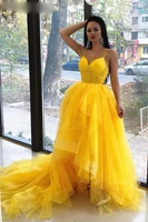 sexy yellow spaghetti straps prom dresses backless high low beach boho evening party dress 2020 with beaded stylish tulle formal