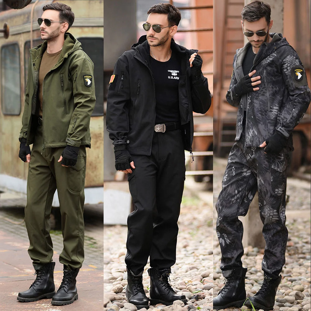 

TAD Outdoor Tactical Hunting Soft Shell Waterproof Jacket +Pant Set Mens Army Sports Clothes Set Military Hiking Jacket Trousers