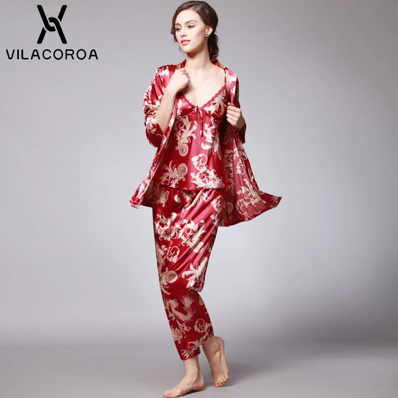 Осенняя мода, шелковые сексуальные женские пижамы, майка+ штаны+ халат, комплекты из 3 предметов, семейный пижамный комплект размера плюс, женская пижама