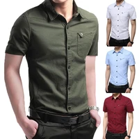 mens business casual short sleeved shirt stylish men solid color turn down collar short sleeve pockets buttons slim shirt
