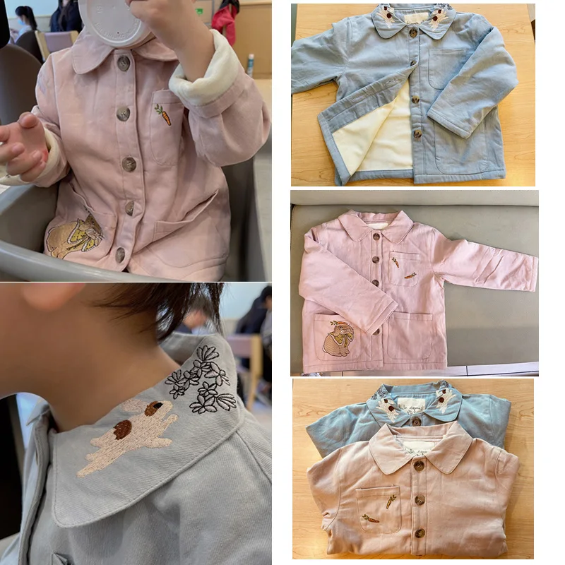 

Детская куртка 2021, зимняя, осенняя, брендовая, для маленьких девочек, верхняя одежда для мальчиков, бархатная, с вышивкой, Детское пальто, теп...