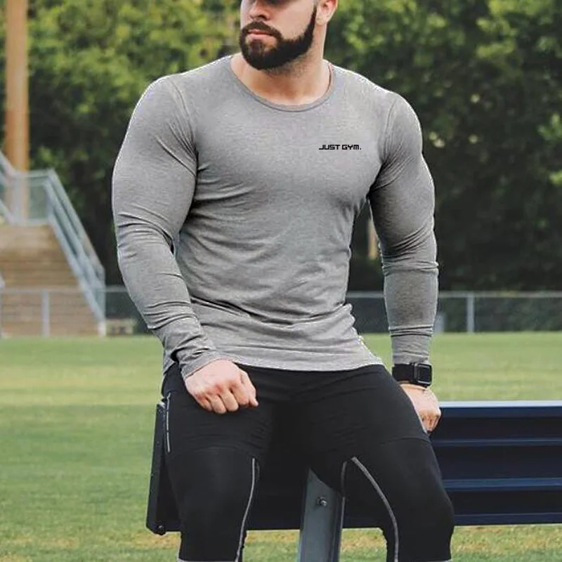 Muscleguys Bodybuilding long sleeve T-shirt men brand clothing casual Letters print T shirt male tops stretch o neck Tshirt | Мужская