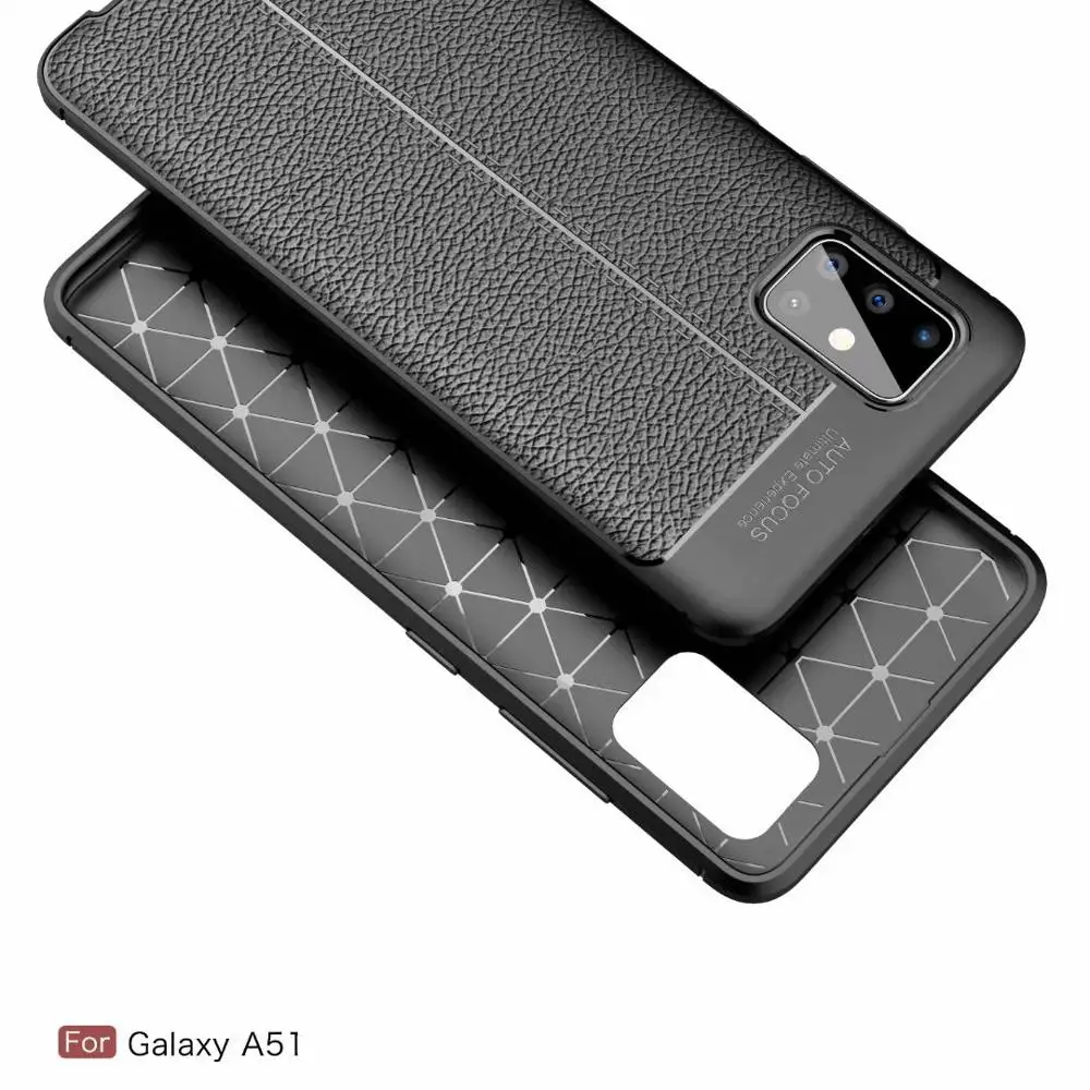 Slim Fit Shockproof Flexible Soft Rubber TPU Gel Lichi Pattern Protective Case Cove+glass film for Samsung Galaxy A51 | Мобильные